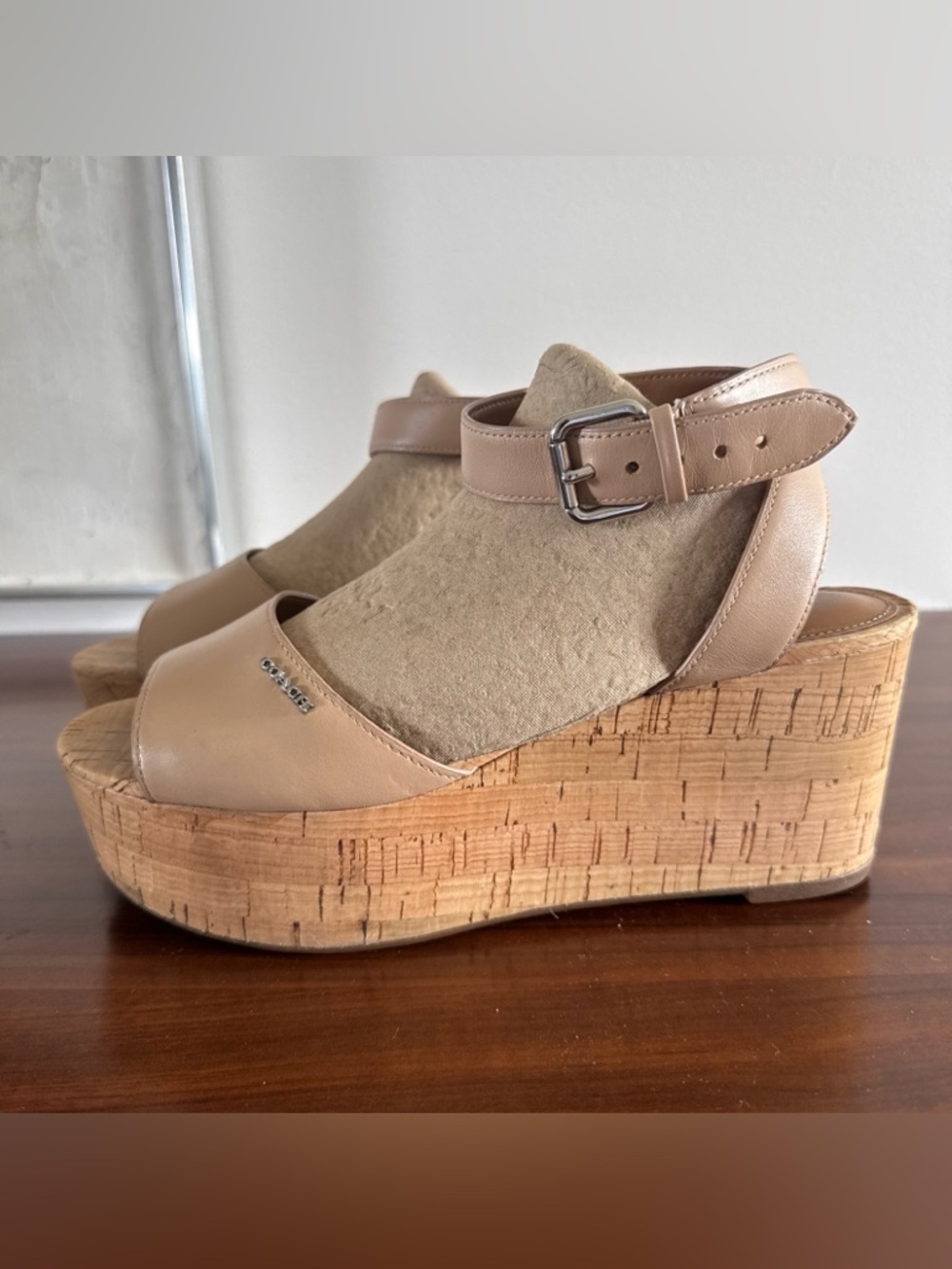 COACH Becka Leather Cork Wedge Sandals Platform Nude Tan Size 8